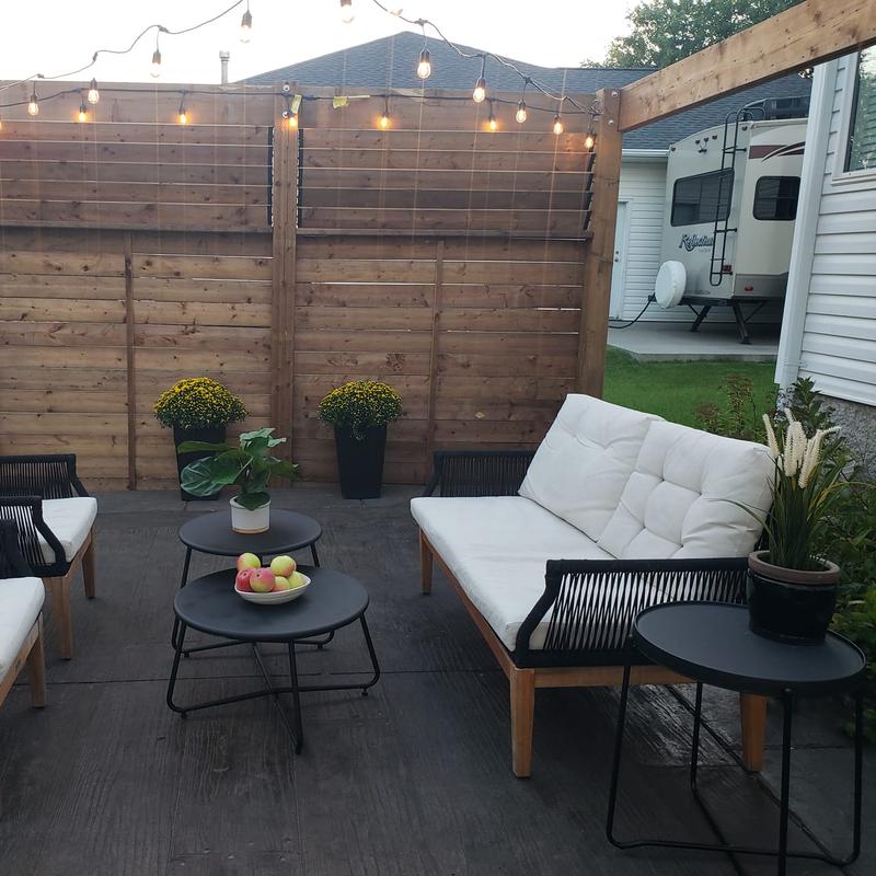 Patio lights outdoor decor stamped concrete live edge stepping stones with chairs